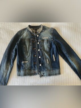 INC International Concepts Washed Blue Denim Jacket with Embellished Trim